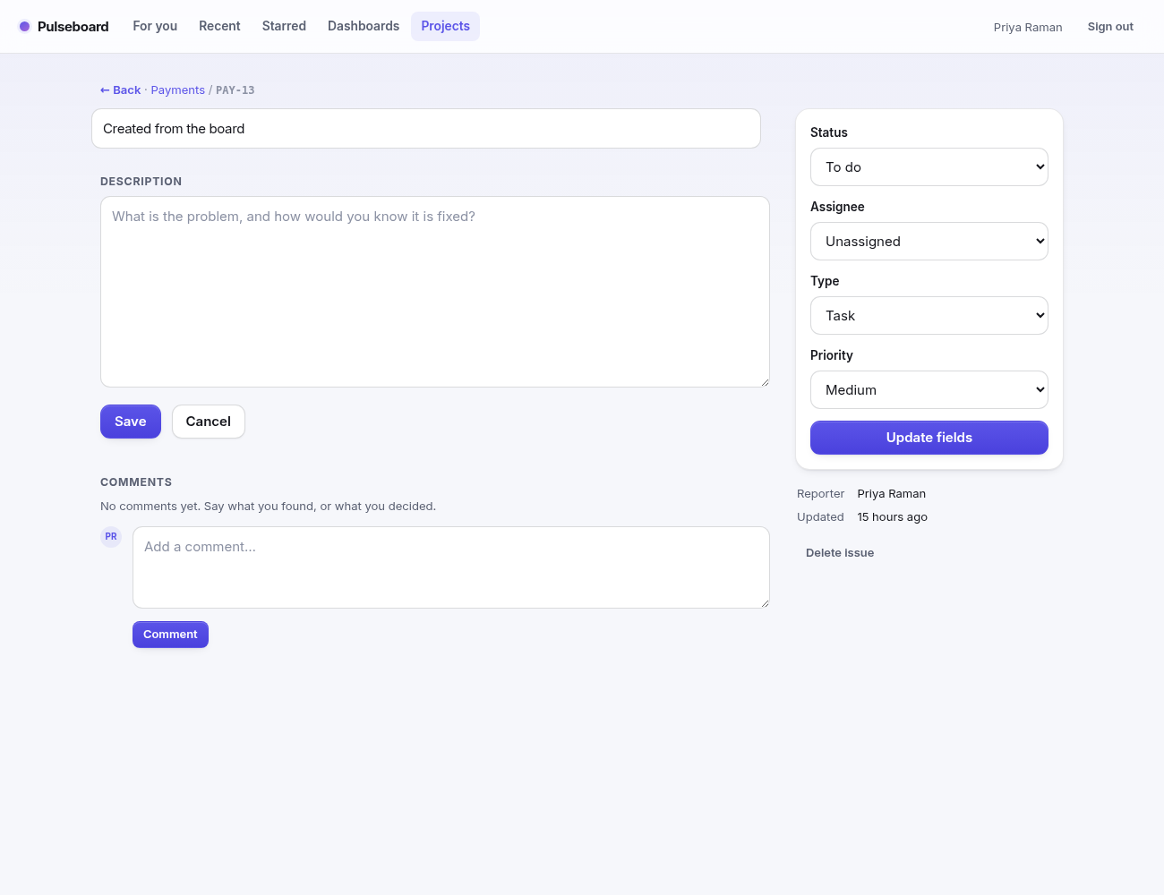The issue page: description and comments on the left, the fields in a sidebar
