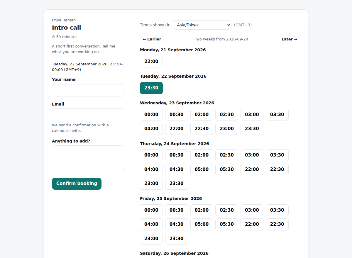 A visitor in Tokyo booking time with a host in New York